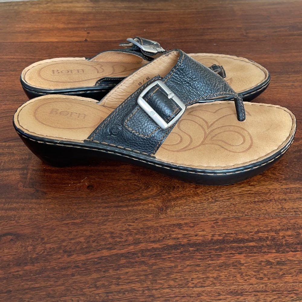 New Born Black Sandals, low heel, size 10